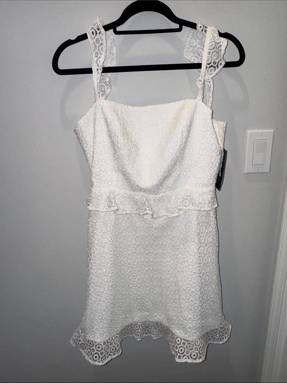 White lace mini dress with tie back